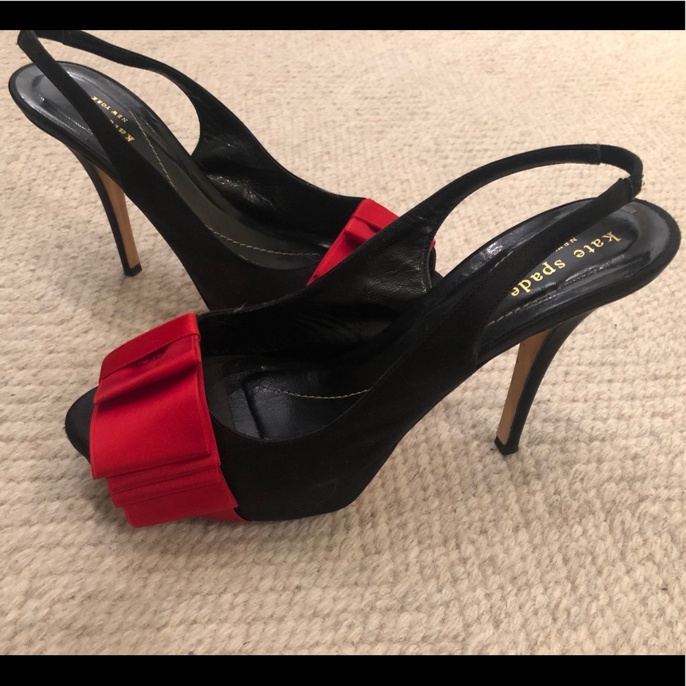 Kate Spade satin sling back with red bow (8.5, 4”)